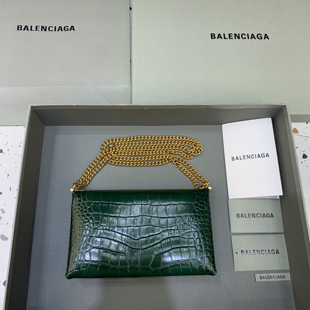 Balenciaga Triplet Small Bag With Chain Crocodile Embossed Calfskin Shouler Bag Green